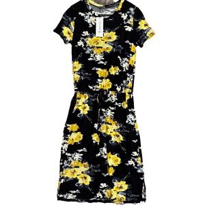 Simier Fariry Floral Dress Women M Black Yellow Short Sleeve Midi Casual Pocket
